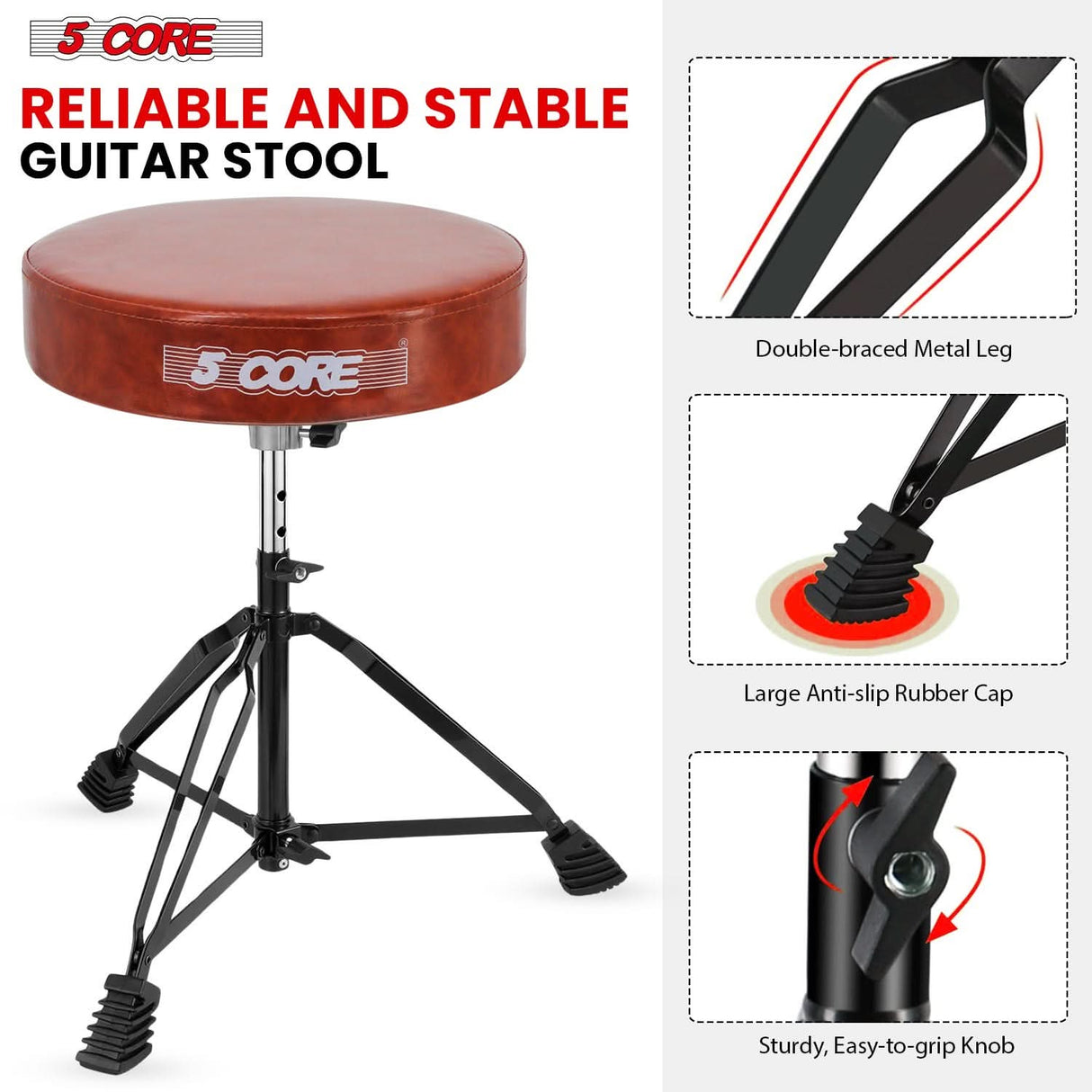 Reliable and stable drummer's seat featuring a reinforced frame, height adjustment lock, and anti-slip feet for extra grip.