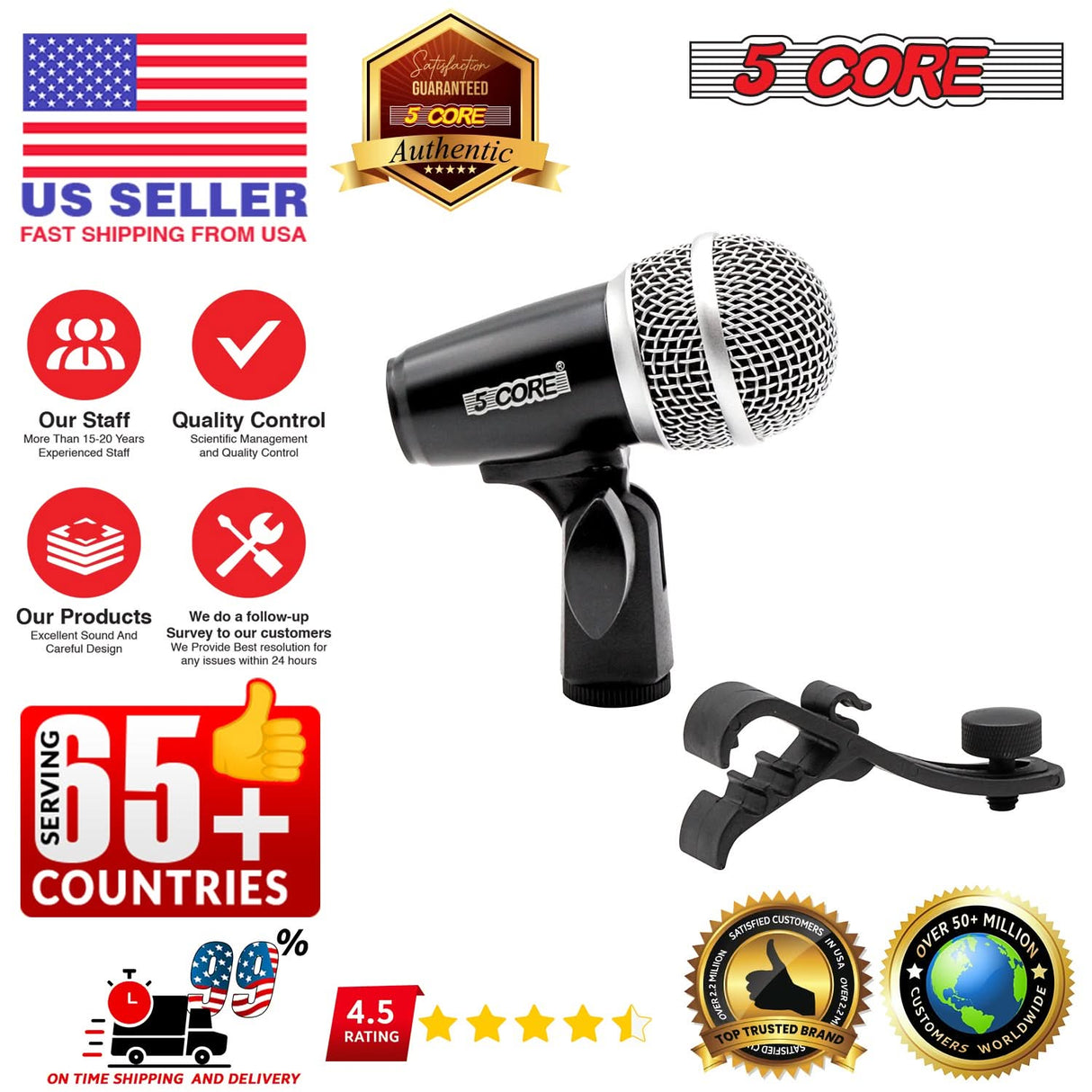 5Core Snare Mic XLR Cardioid Tom Drum Kick Instrument Microphone BLACK