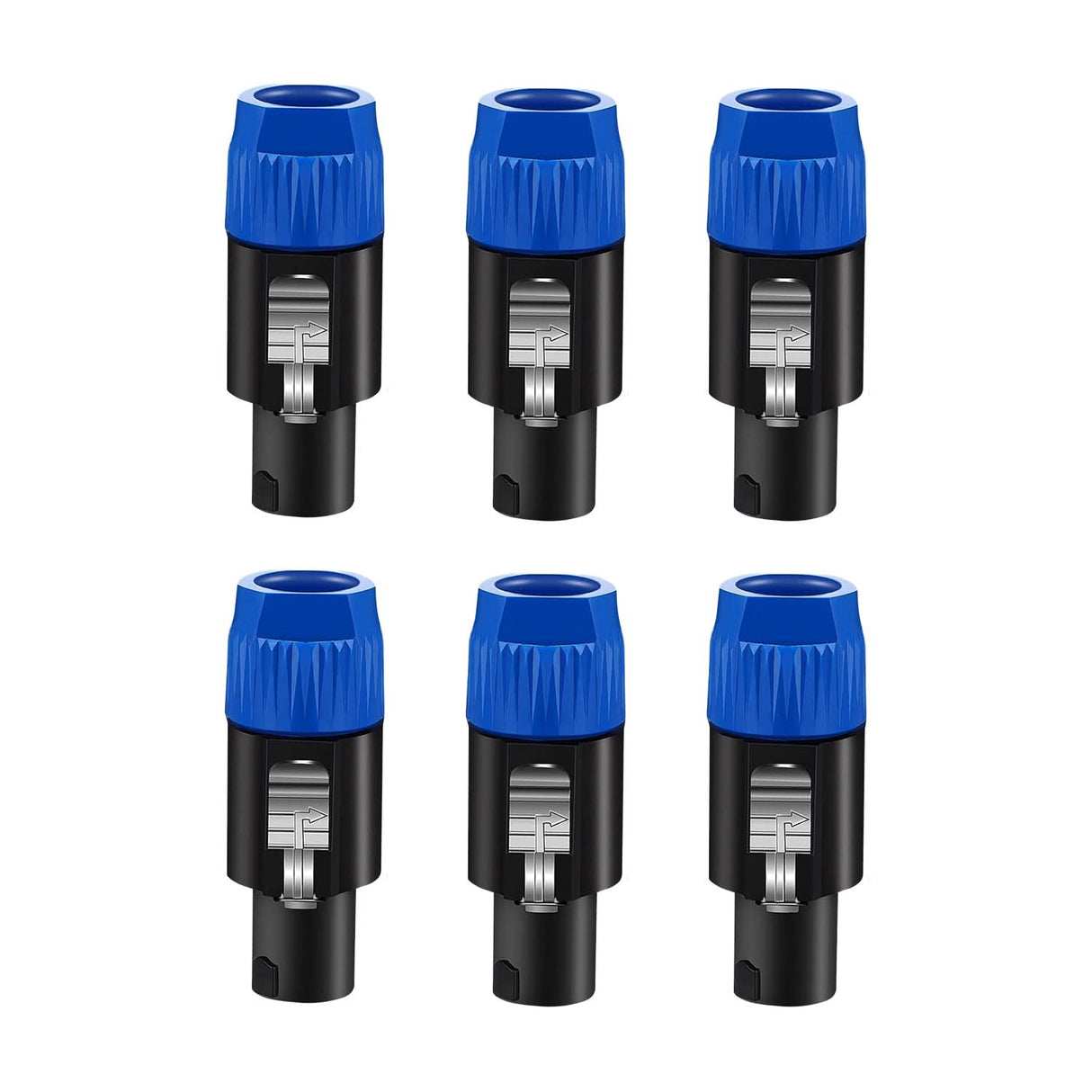 Six black connectors with blue ends