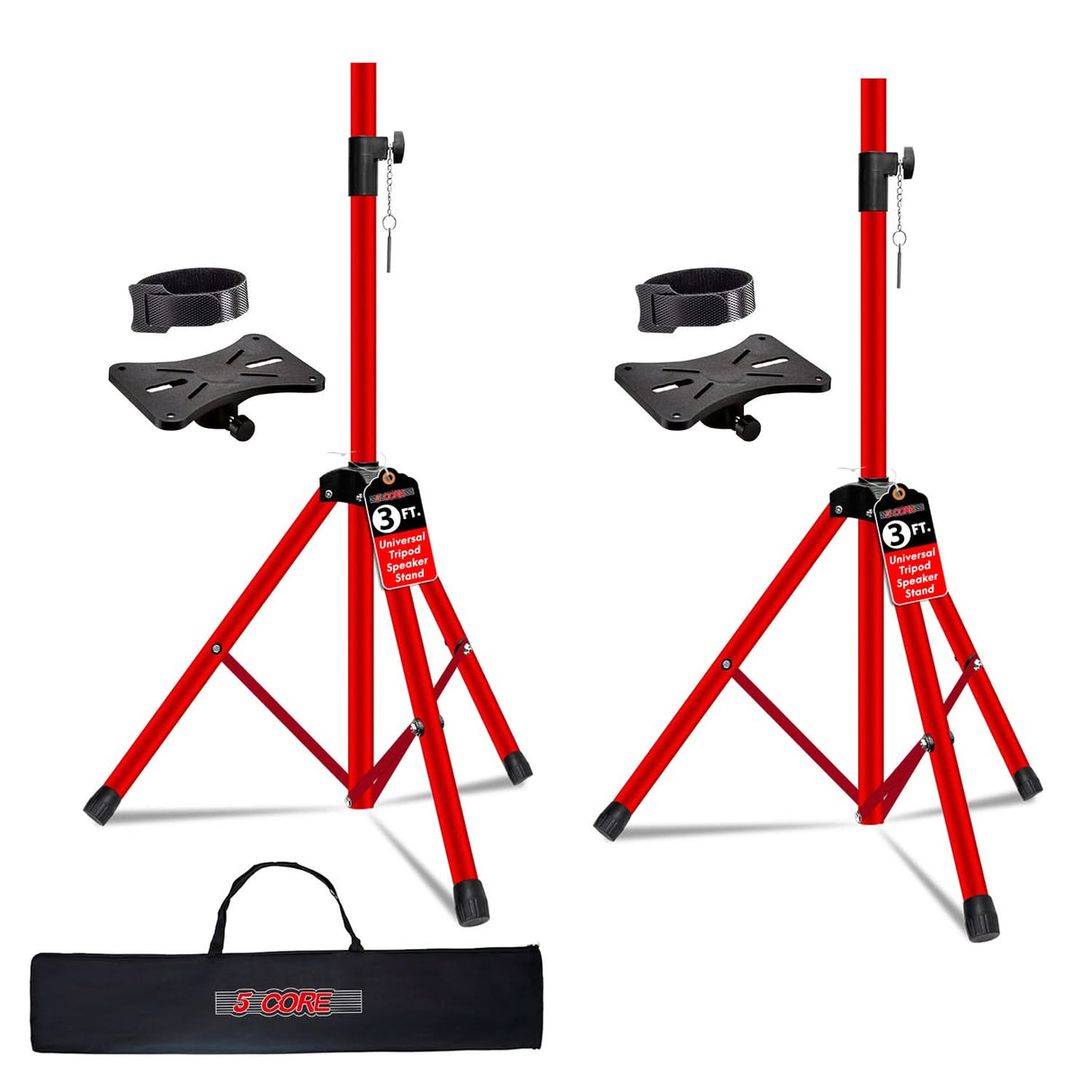 Two red stands with black attachments