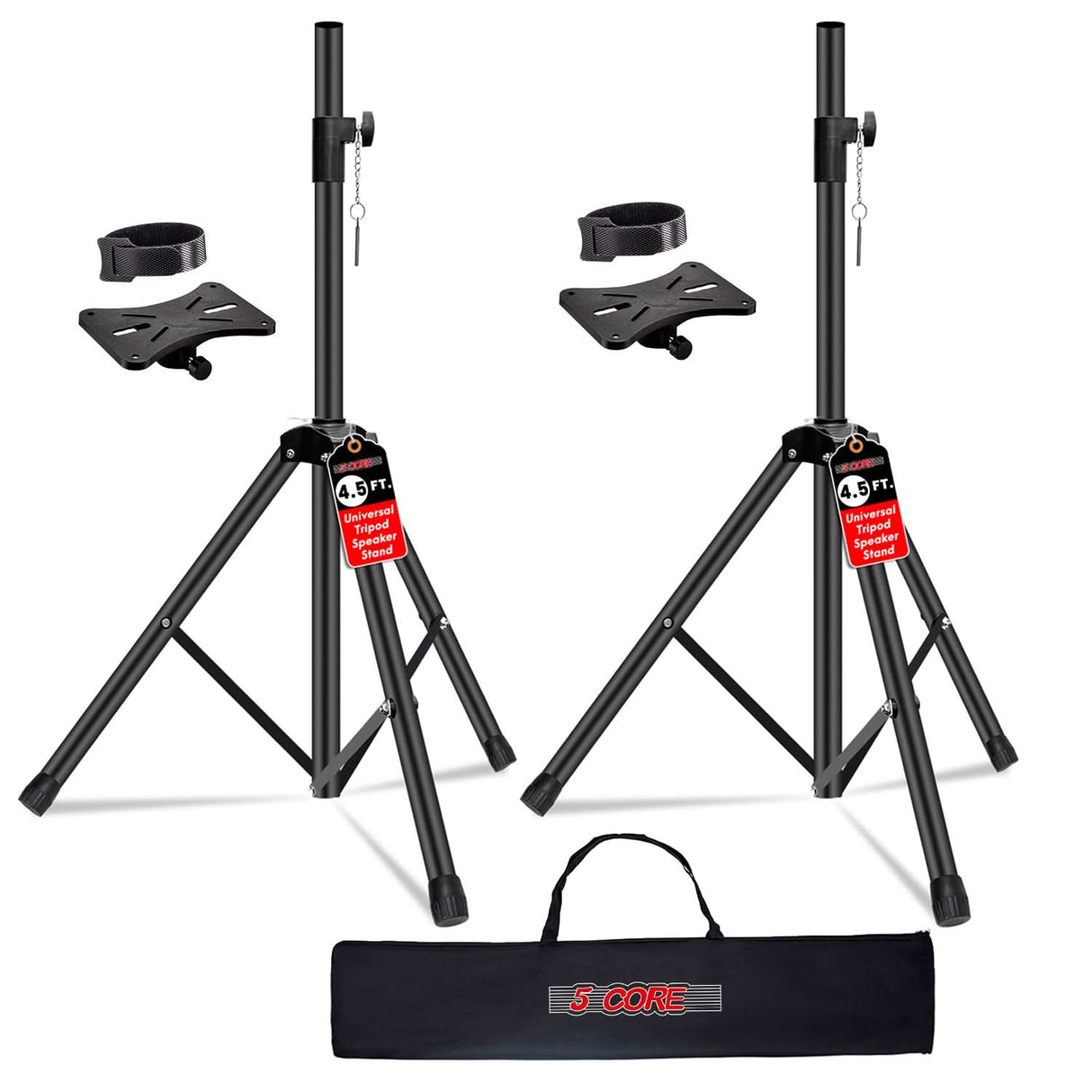 Two black speaker stands with accessories