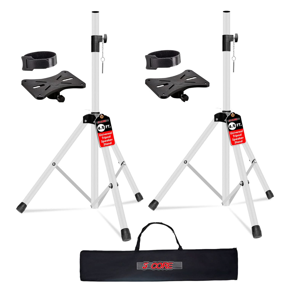 Two white tripod stands with black adjustable arms
