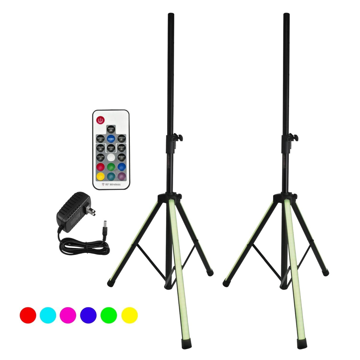 Two black adjustable LED light stands with a remote control and power adapter