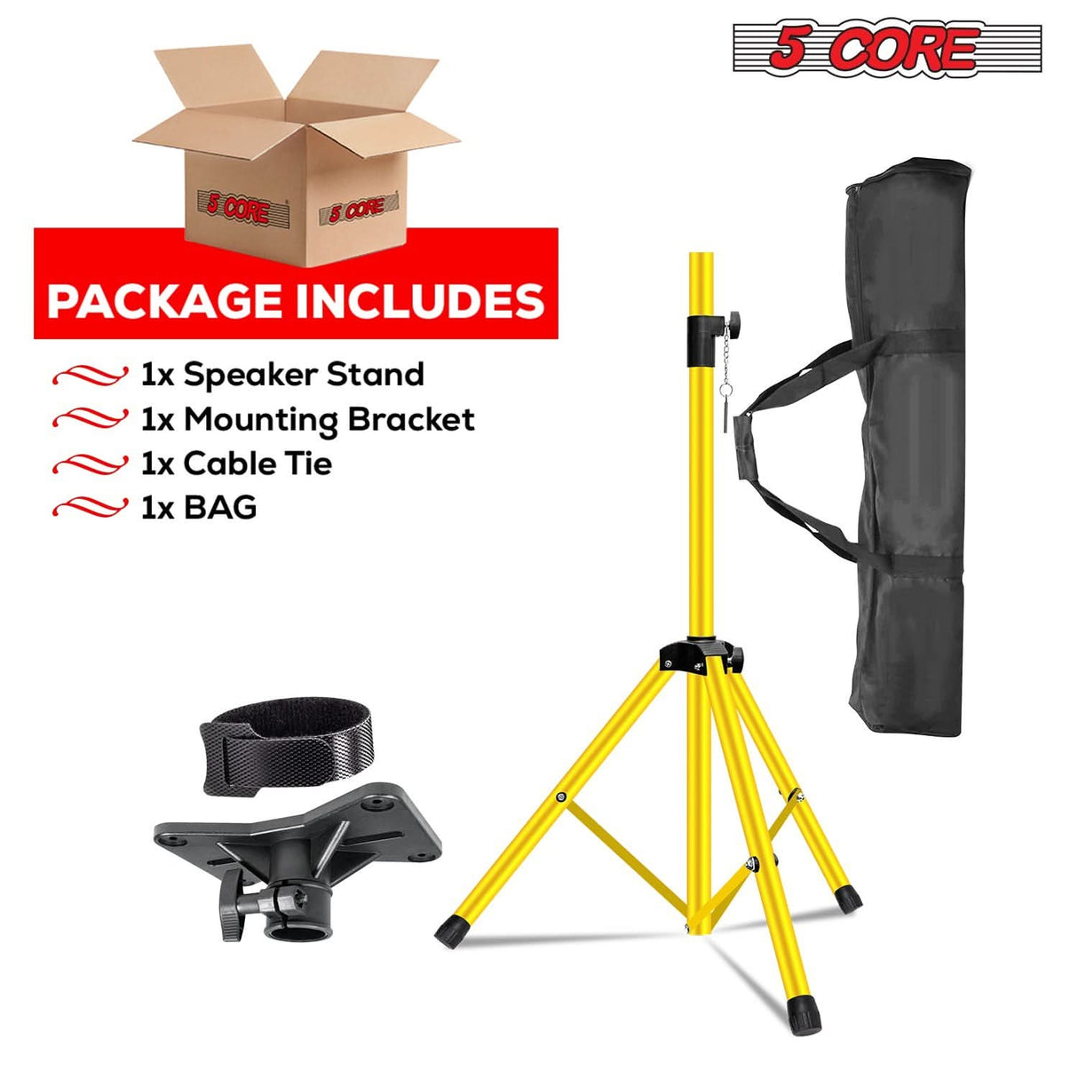 Front view of 5Core 72 inch speaker stand with tripod base and yellow parts