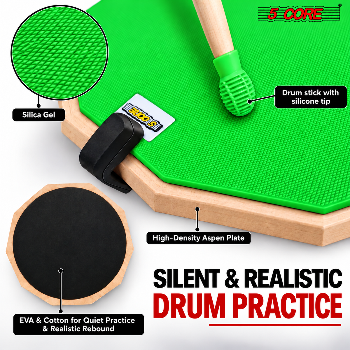5 Core Drum Practice Pad Set 12" Snare Drumming Stand 2 Sided Drummer Kit
