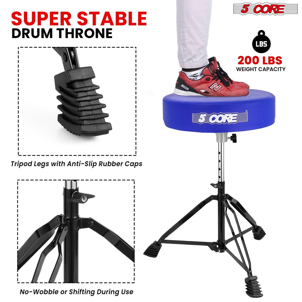 Super stable drum chair with a durable construction, thick cushioning, and non-slip feet to prevent movement during play.