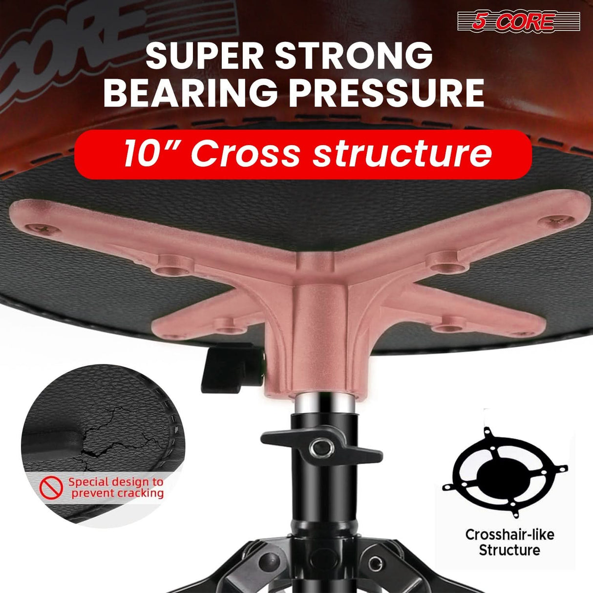Adjustable padded stool with a super stable cross-hair like structure, reinforced frame, and non-slip feet for extra grip.