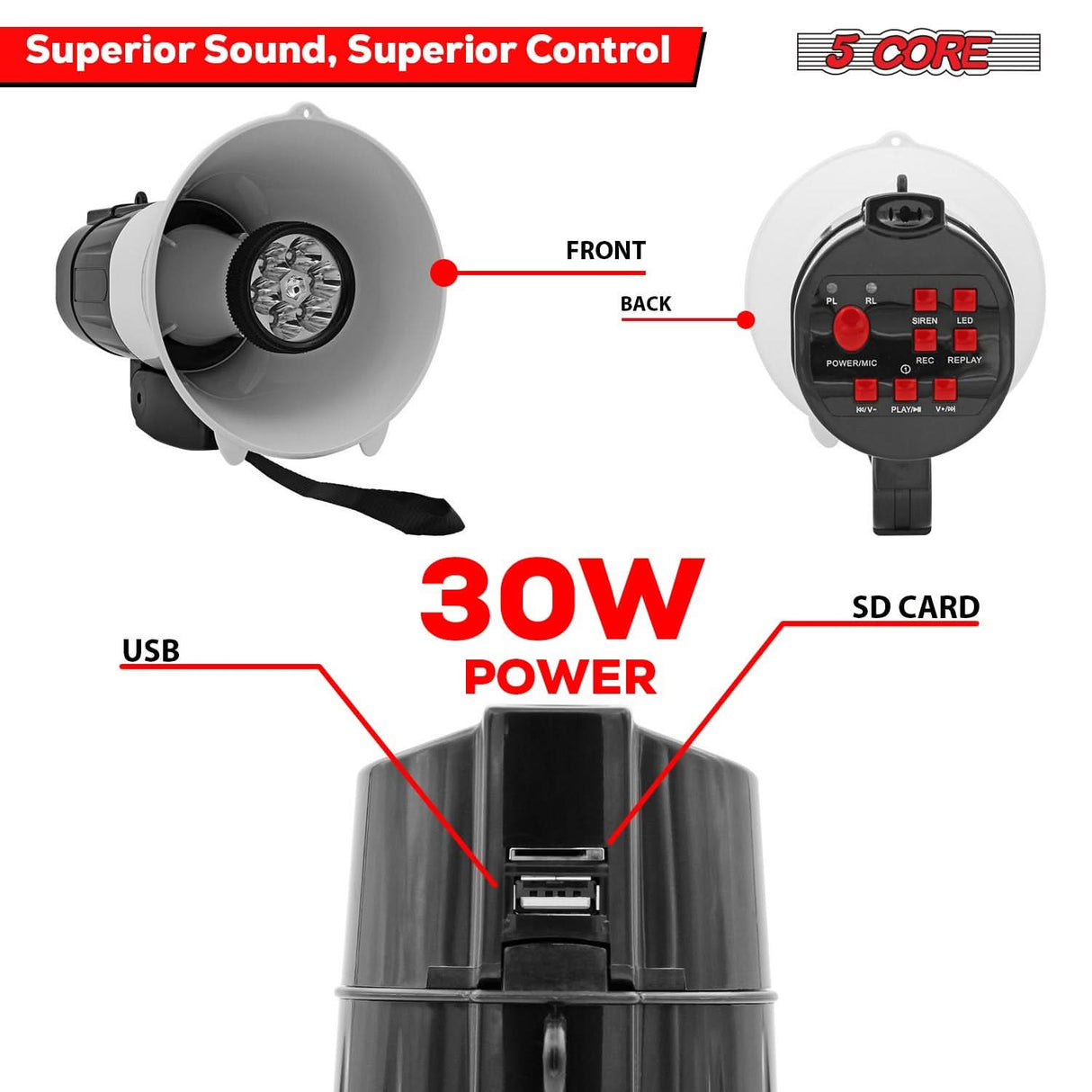 30W bullhorn with powerful sound projection, ideal for outdoor events and large crowds.