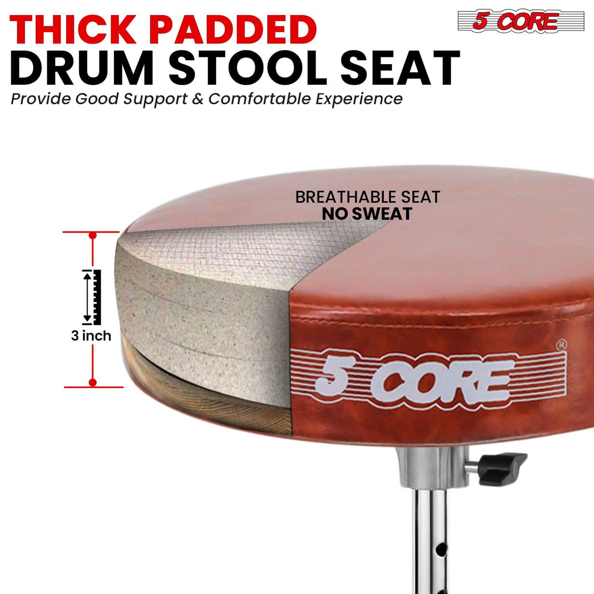 Premium drum seat with thick padded cushioning, ensuring long-lasting comfort and proper posture for drummers.