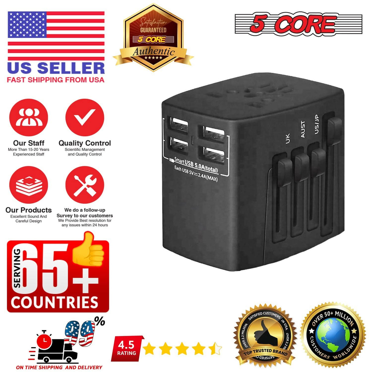 Multi-functional travel power adapter with 4 USB ports