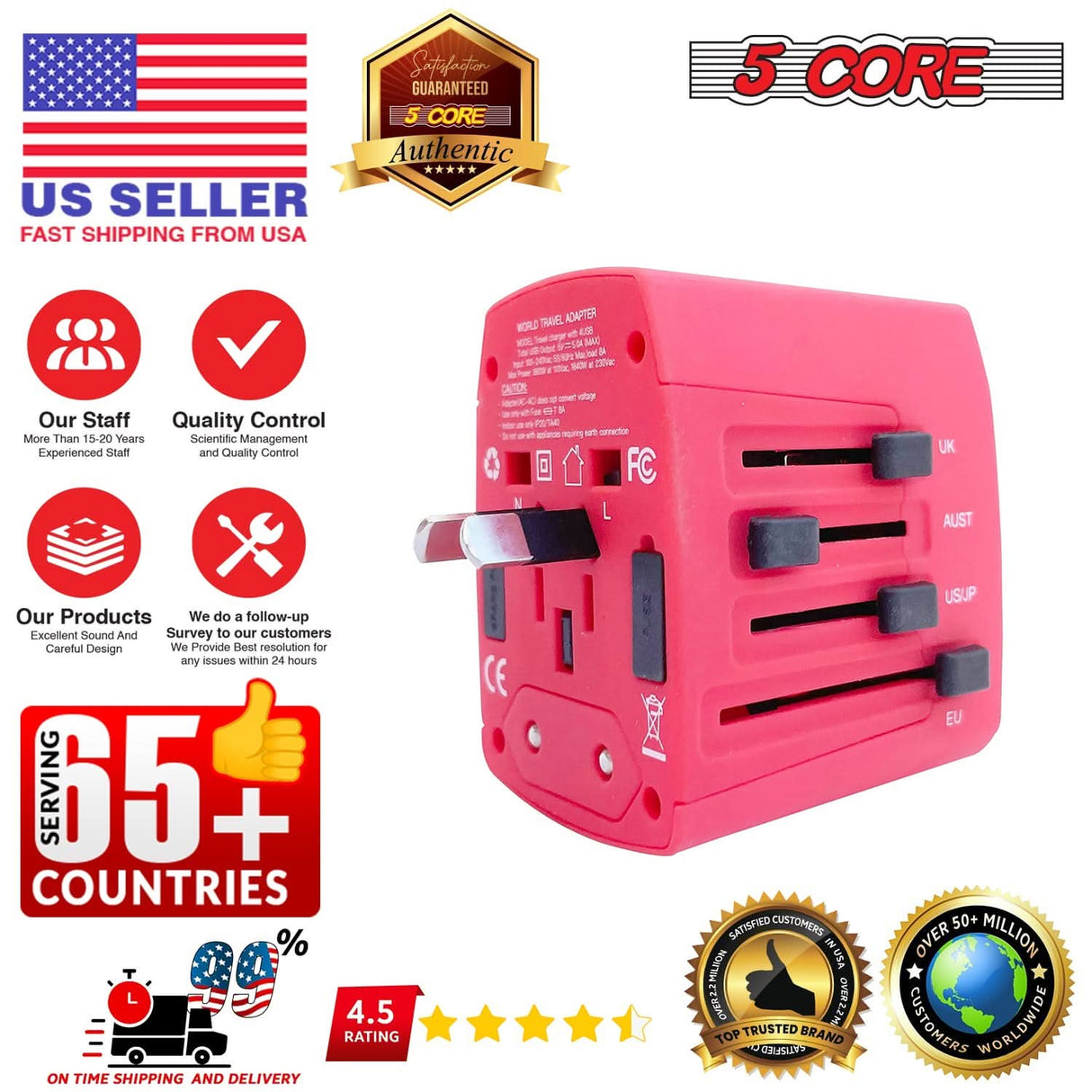 Travel adapter with international plugs and USB ports