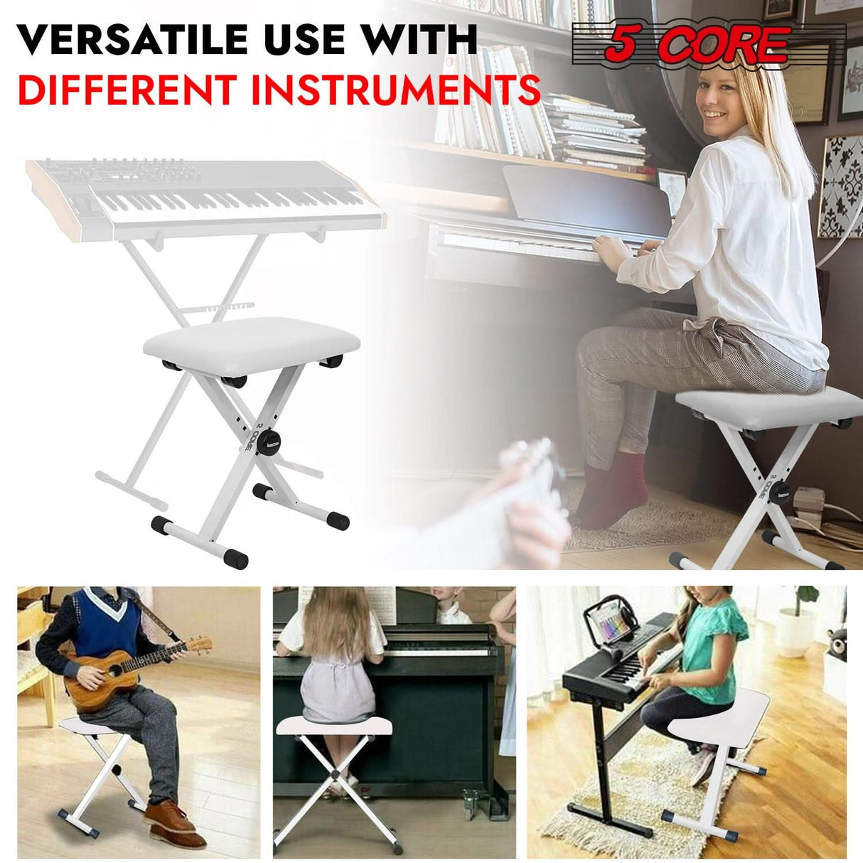 5 Core Keyboard Bench 2 Inch Padded Cushioned Piano Stool Height Adjustable 19" Guitar Seat Portable