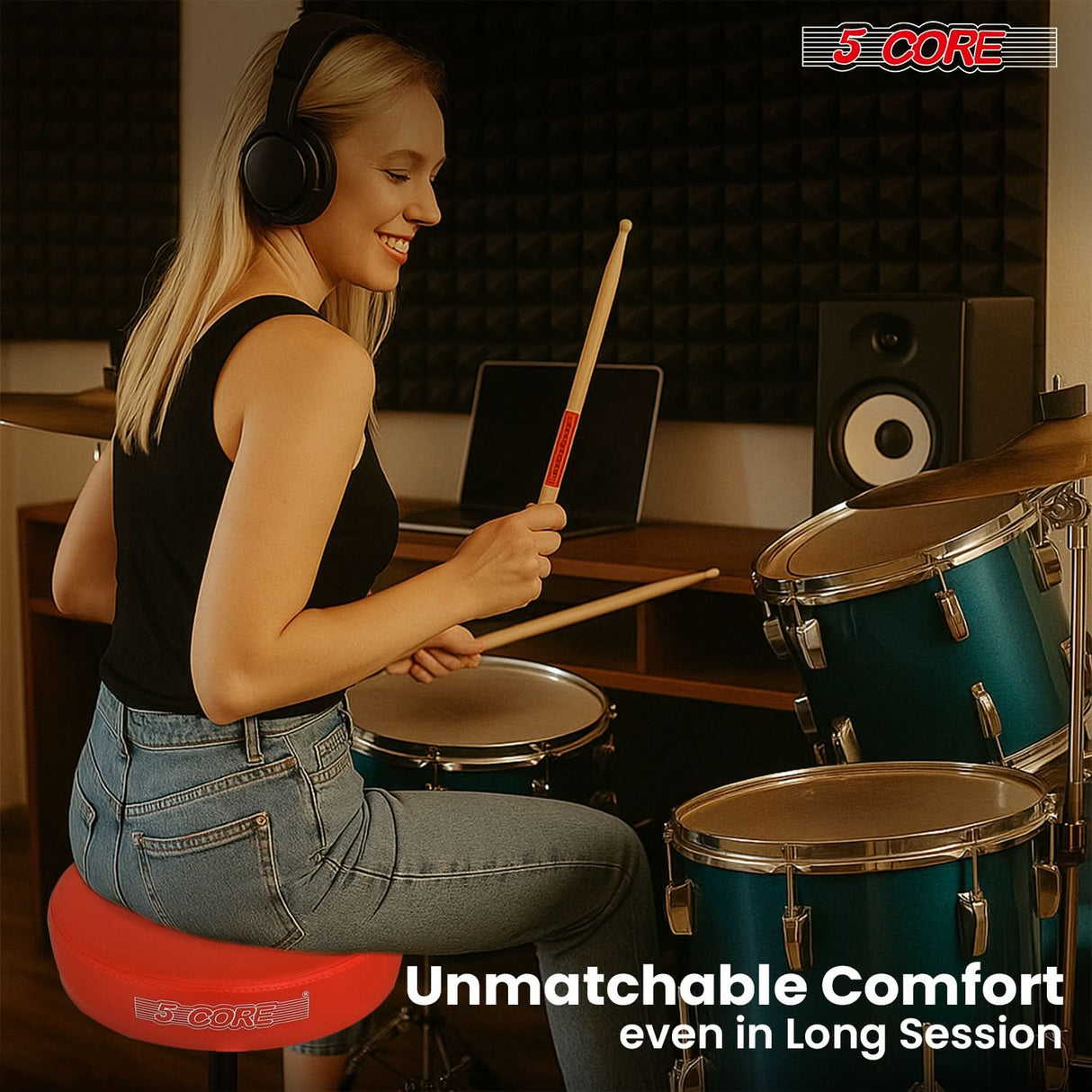 5 Core Drum Throne 3" Thick Padded Memory Foam Comfortable Drummer Stool 330Lb Capacity Adjustable