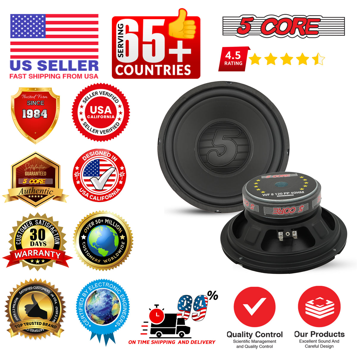 5 Core 8 Inch Subwoofer Pair 200W Car Audio Woofer 4 Ohm Replacement Deep Bass Loud Speaker