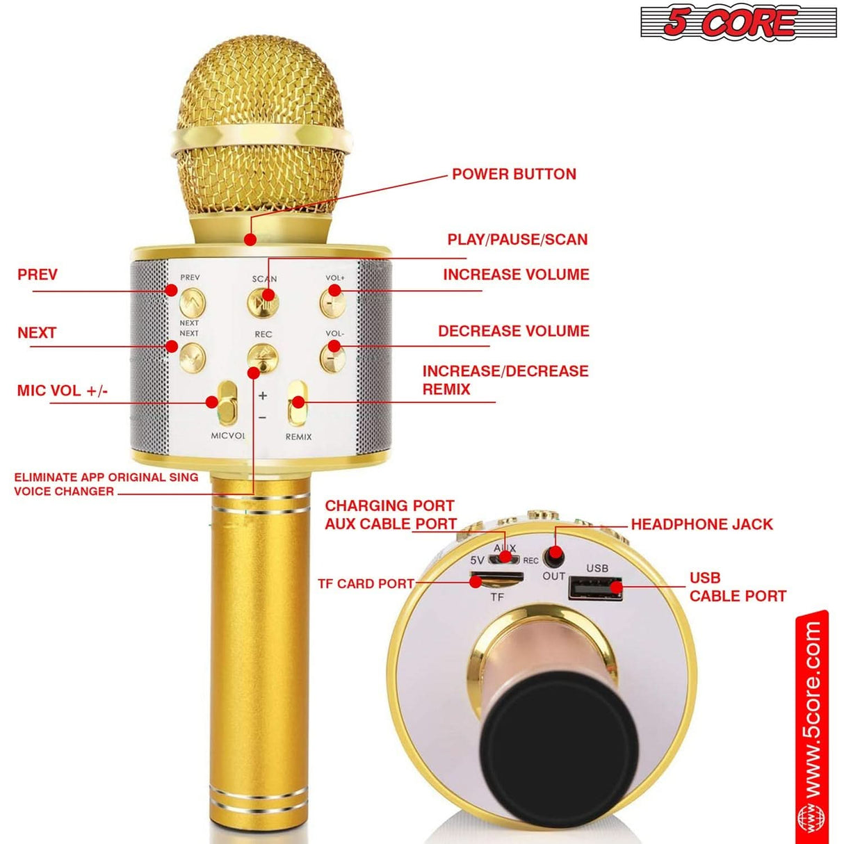 5 Core portable wireless karaoke microphone gold volume control view