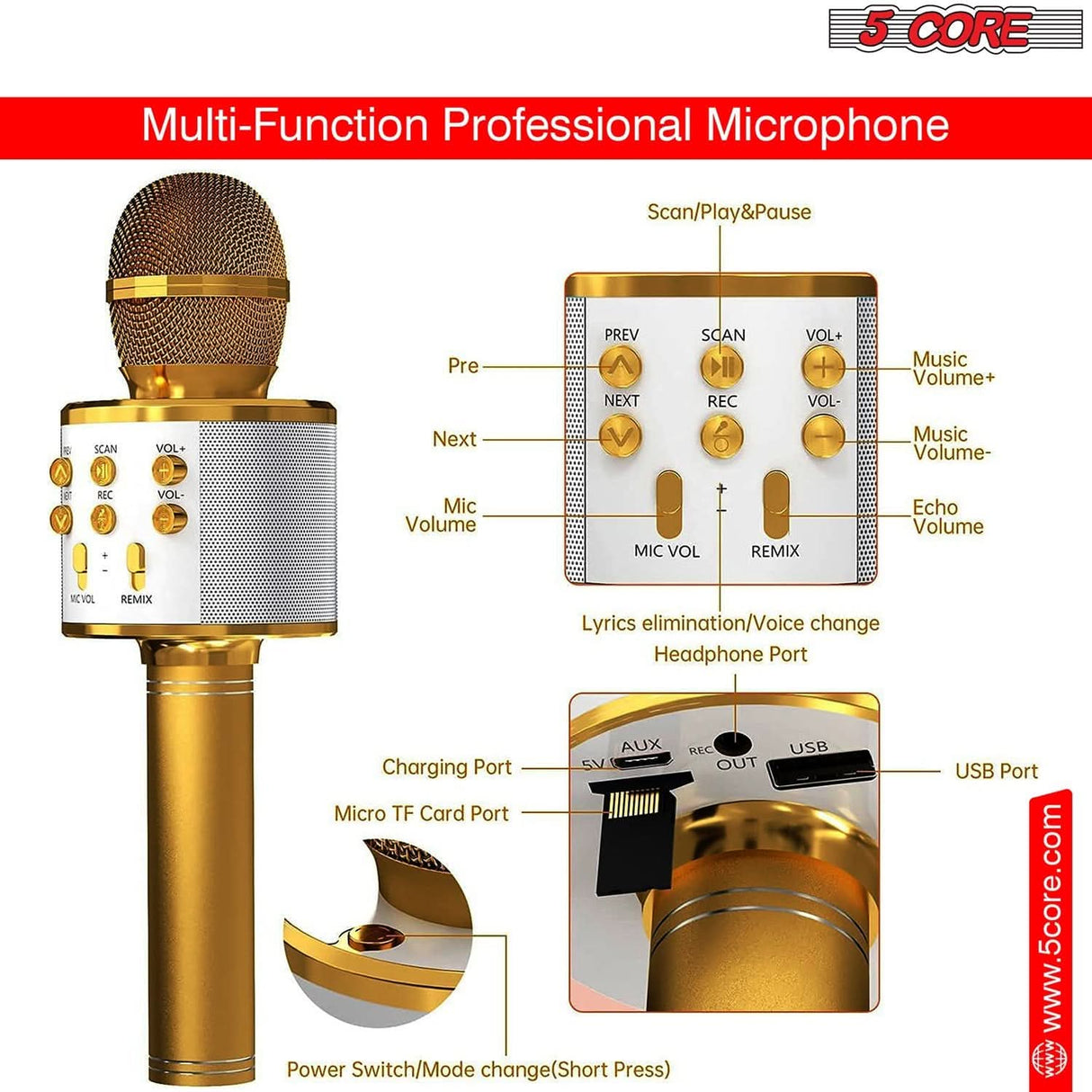 5 Core portable karaoke mic with speaker gold power button view