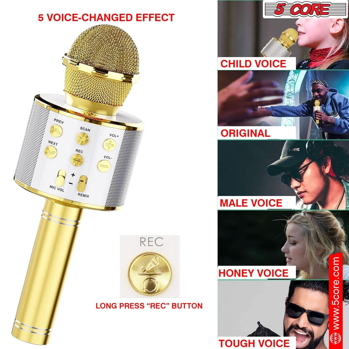 5 Core Bluetooth wireless karaoke mic gold singing use view