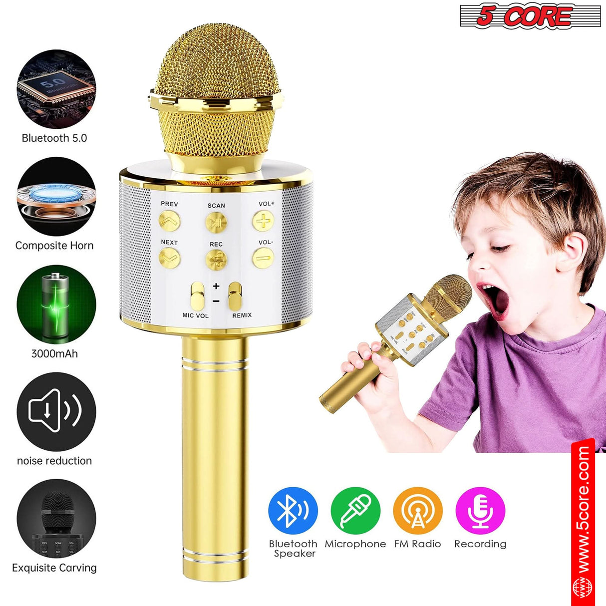 5 Core 3 in 1 karaoke microphone gold music playback view