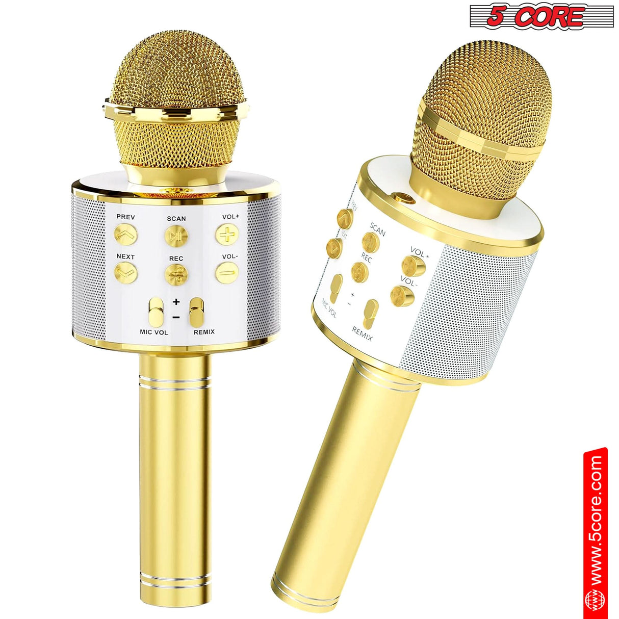 5 Core wireless karaoke microphone with speaker gold full length view