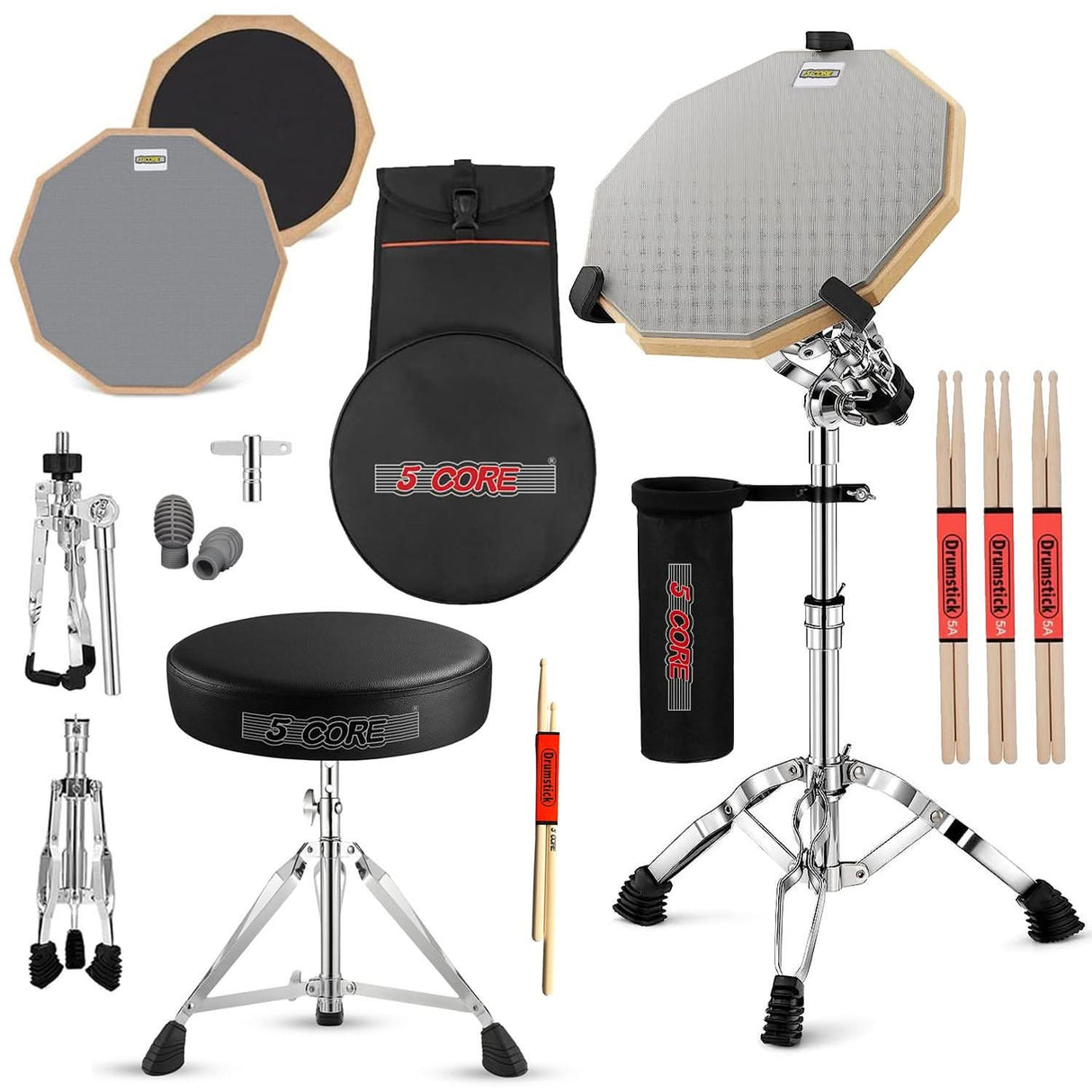5Core adjustable drum throne with padded seat and practice pad for drummers