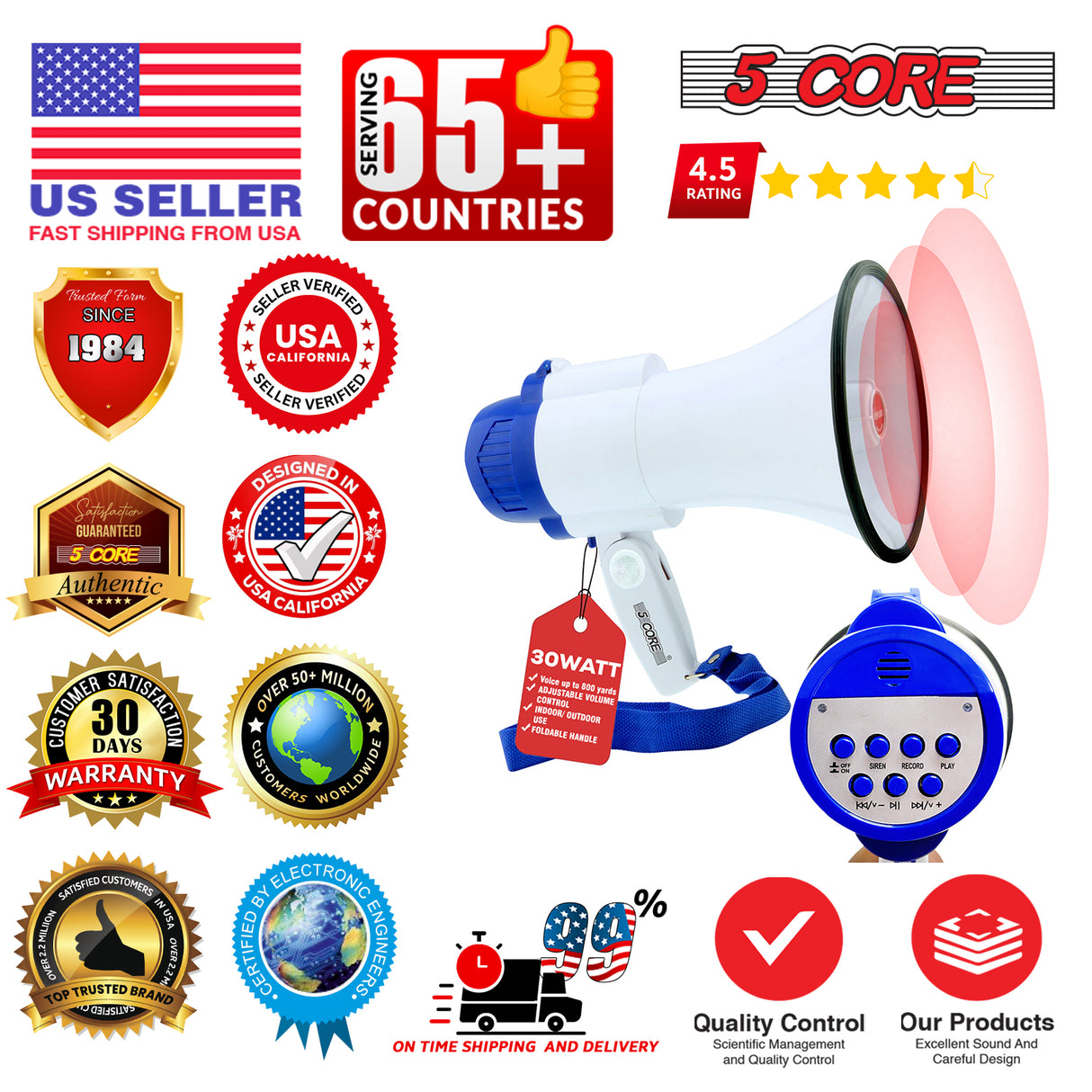 5 Core Megaphone 30W Bull Horn PA Speaker w 800 Yards Range USB Loud Siren Voice Amplifier Portable