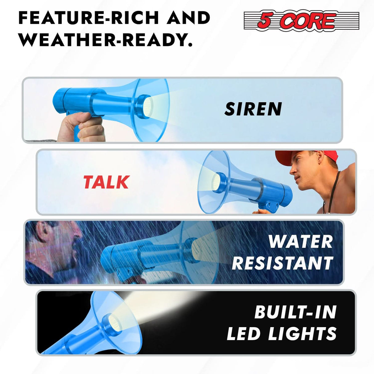 5 Core Megaphone 50W Waterproof Bull Horn PA Speaker 800 Yard Range Flashlight