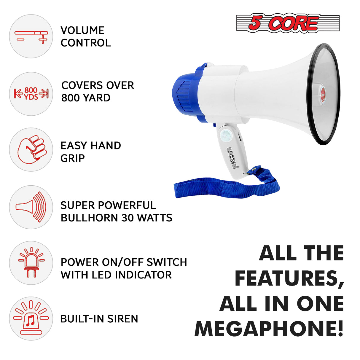 5 Core Megaphone 30W Bull Horn PA Speaker w 800 Yards Range USB Loud Siren Voice Amplifier Portable