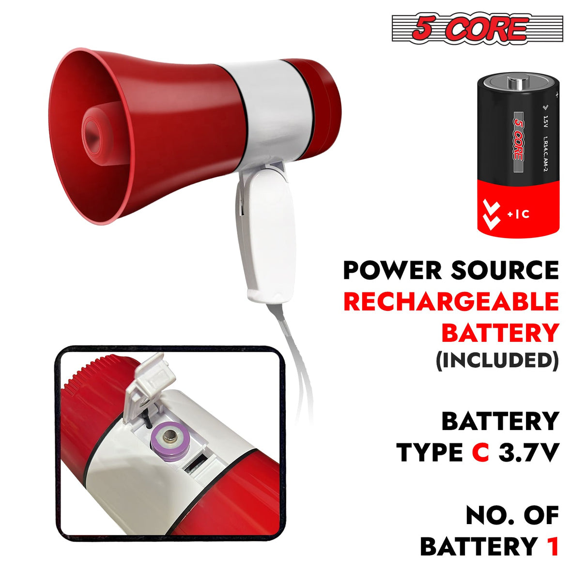 5 Core Megaphone 30W Bull Horn PA Speaker w 800 Yard Range Siren Loud Megafono for Sports & Coaches