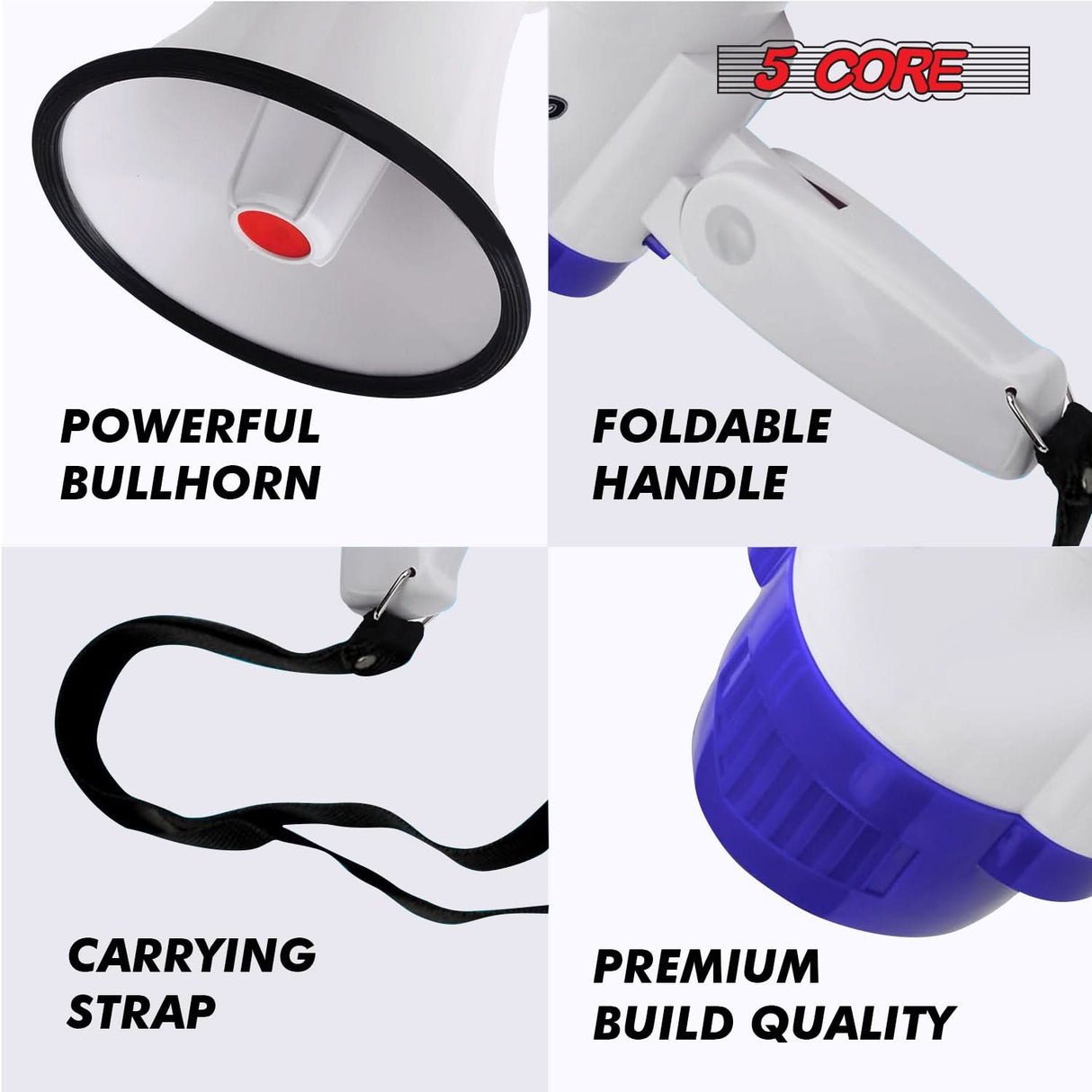 5 Core Megaphone 30W Bull Horn PA Speaker w 800 Yards Range USB Loud Siren Voice Amplifier Portable