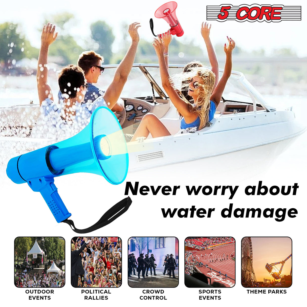 5 Core Megaphone 50W Waterproof Bull Horn PA Speaker 800 Yard Range Flashlight