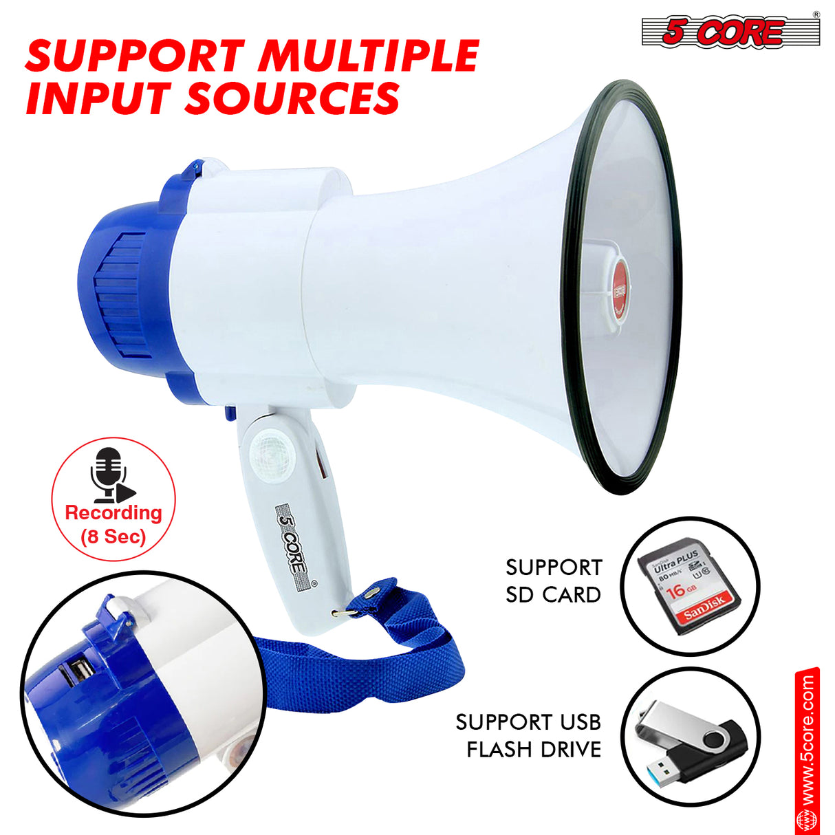 5 Core Megaphone 30W Bull Horn PA Speaker w 800 Yards Range USB Loud Siren Voice Amplifier Portable