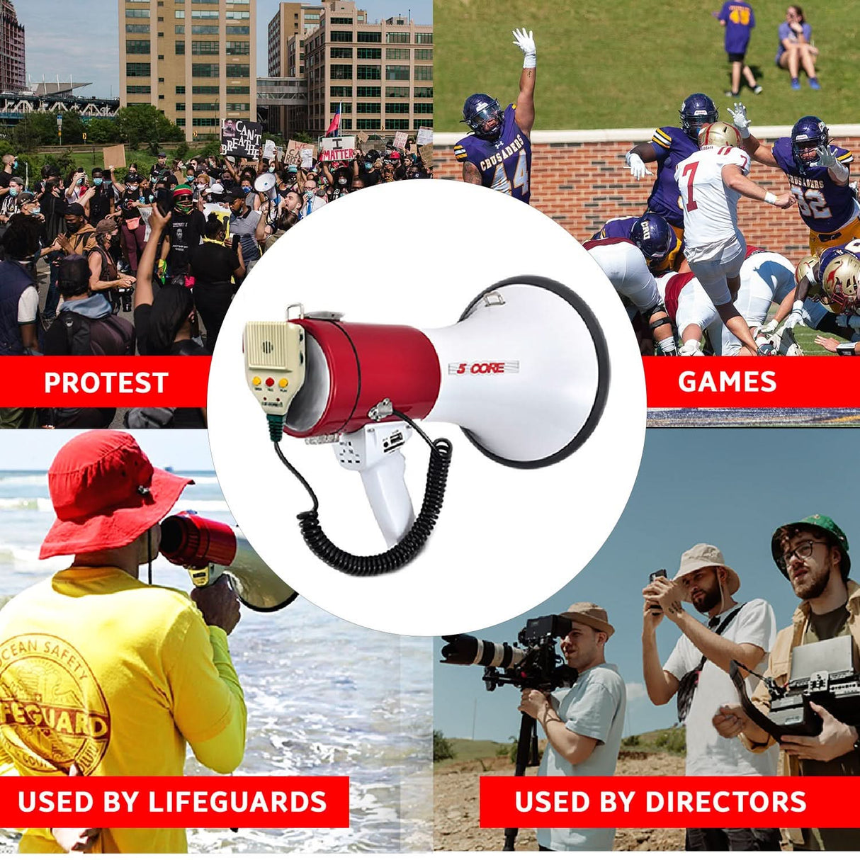Multi-functional PA system with a range of 800 yards, siren, volume control, and multiple input sources.