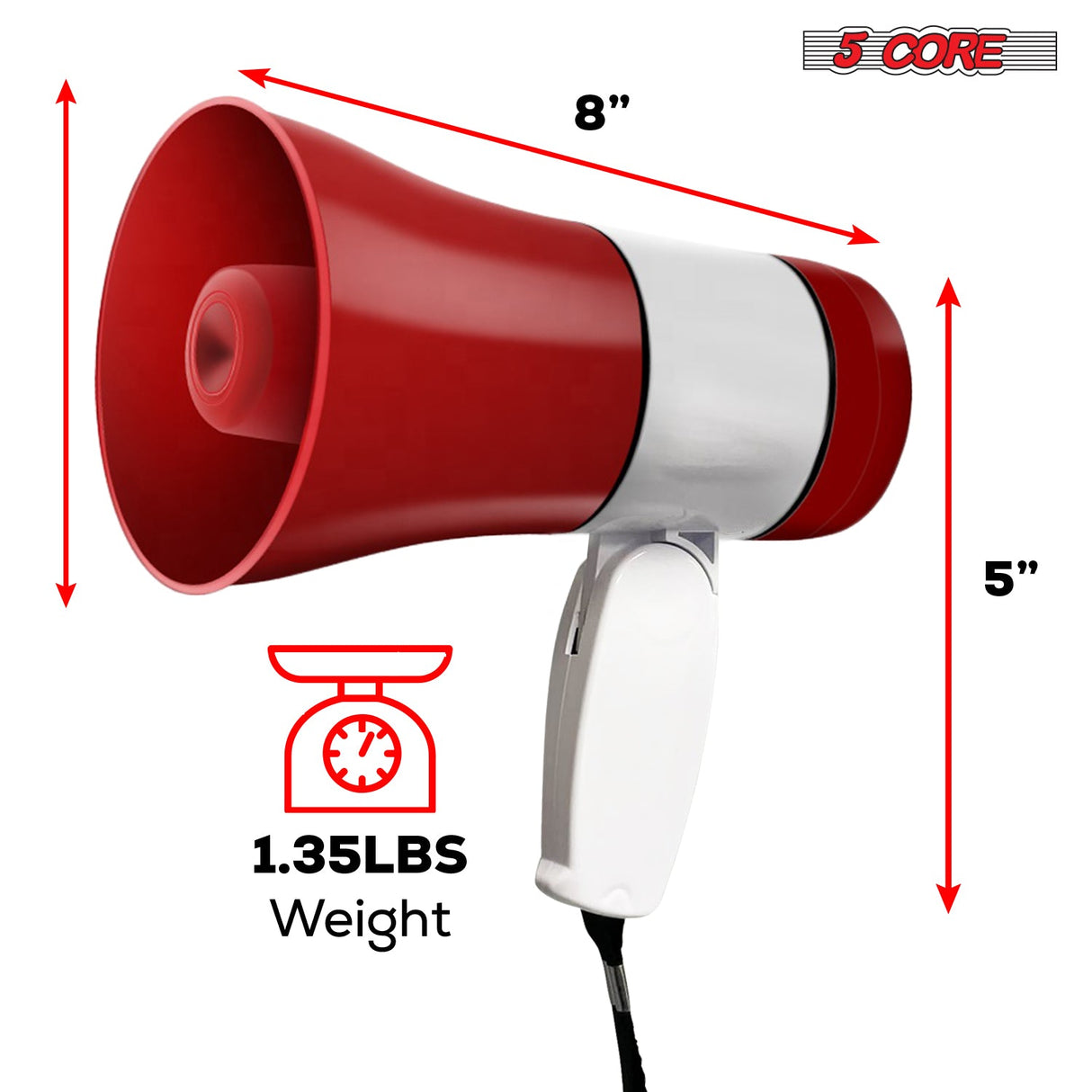 5 Core Megaphone 30W Bull Horn PA Speaker w 800 Yard Range Siren Loud Megafono for Sports & Coaches
