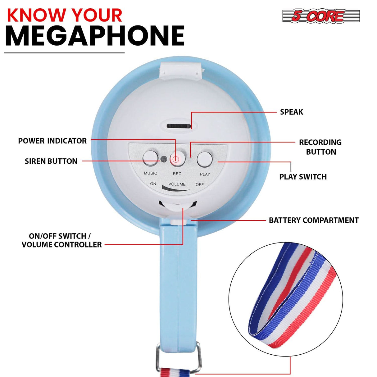 5Core Megaphone 15W Bull Horn Kids PA Speaker w 400 Yards Range Siren Lightweight Loud Mini Megafono