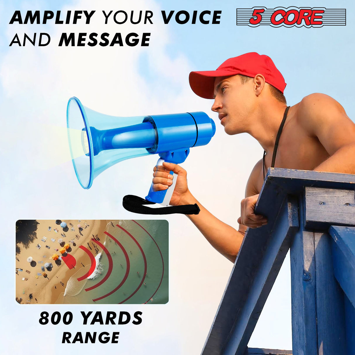 5 Core Megaphone 50W Waterproof Bull Horn PA Speaker 800 Yard Range Flashlight