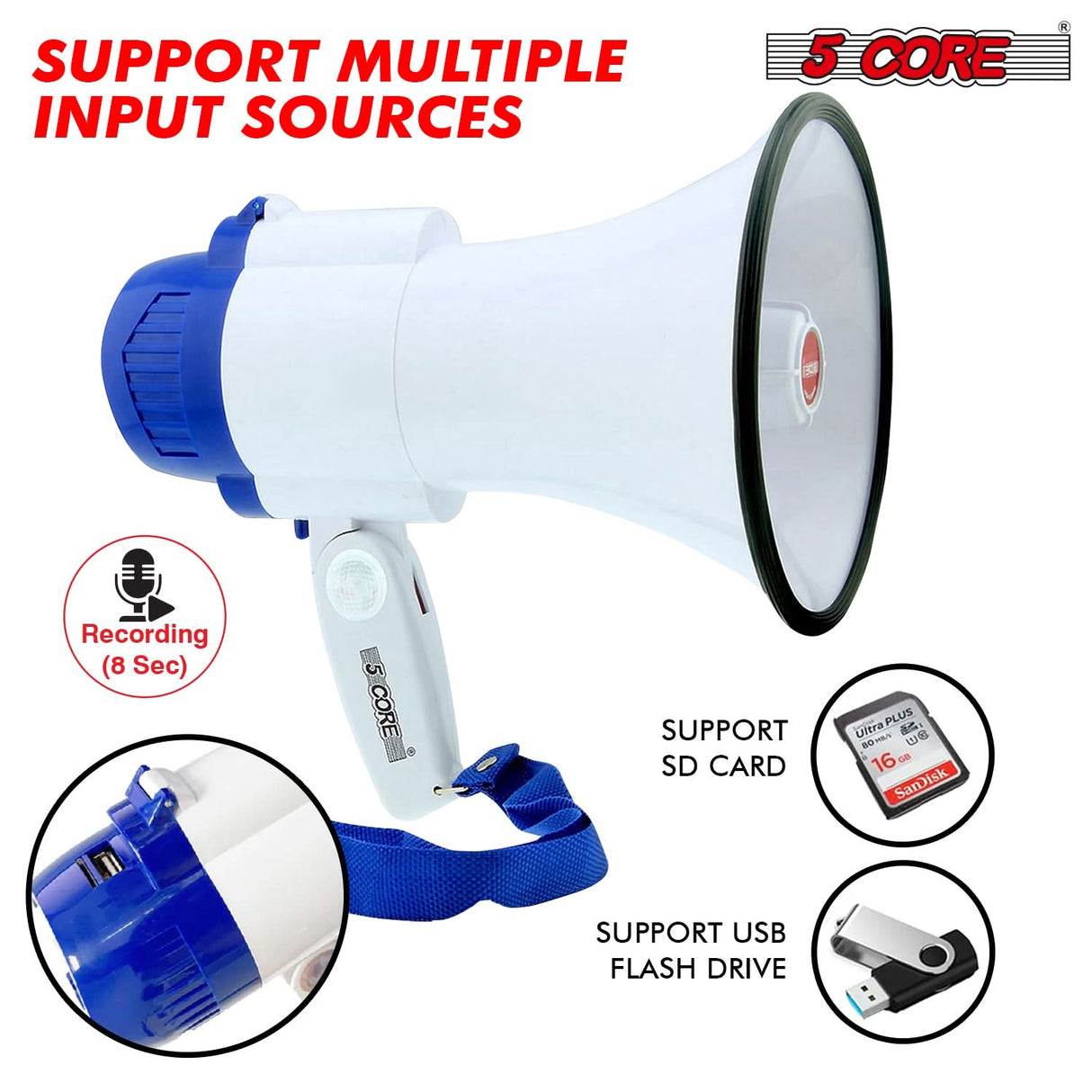 5Core Megaphone Bullhorn Speaker 30W Mini Bull Horn Battery Power Megafono 800 Feet USB BATTERY
