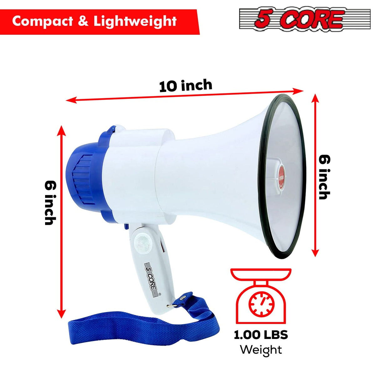 5Core Megaphone Bullhorn Speaker 30W Mini Bull Horn Battery Power Megafono 800 Feet USB BATTERY