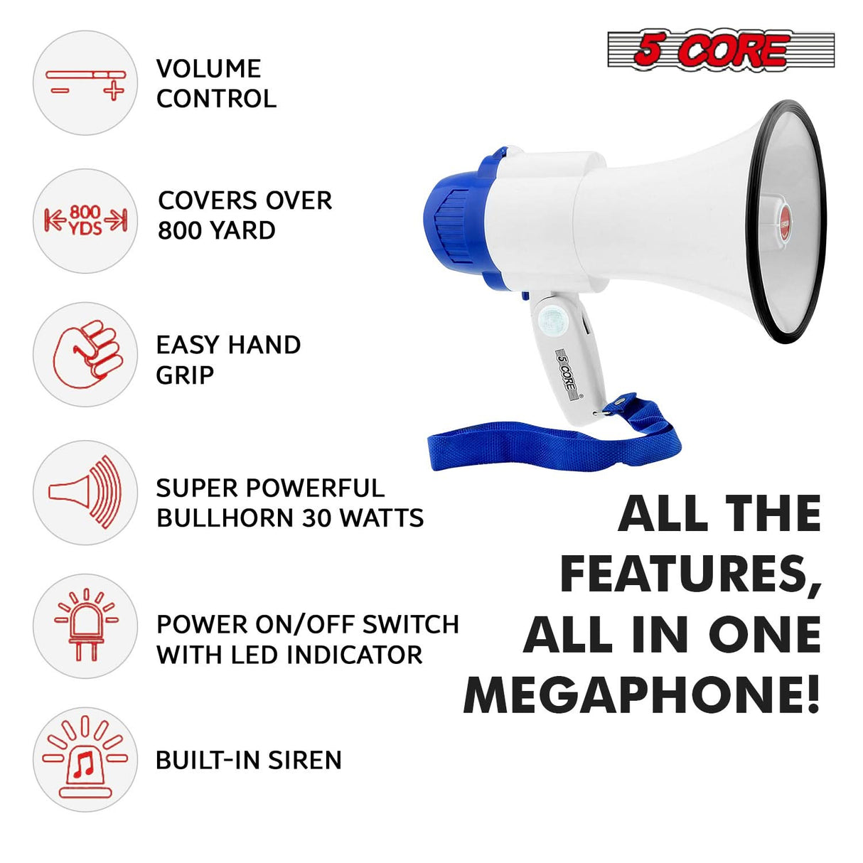 5 Core Megaphone 30W Bull Horn PA Speaker w 800 Yards Range USB Loud Siren Voice Amplifier Portable