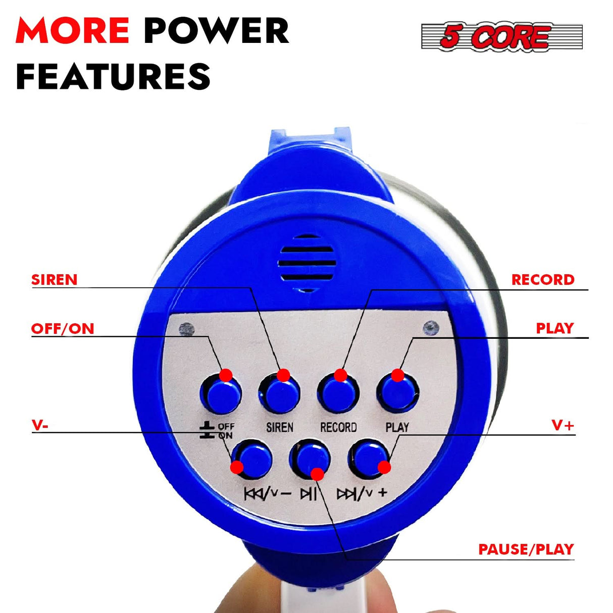 5 Core Megaphone 30W Bull Horn PA Speaker w 800 Yards Range USB Loud Siren Voice Amplifier Portable