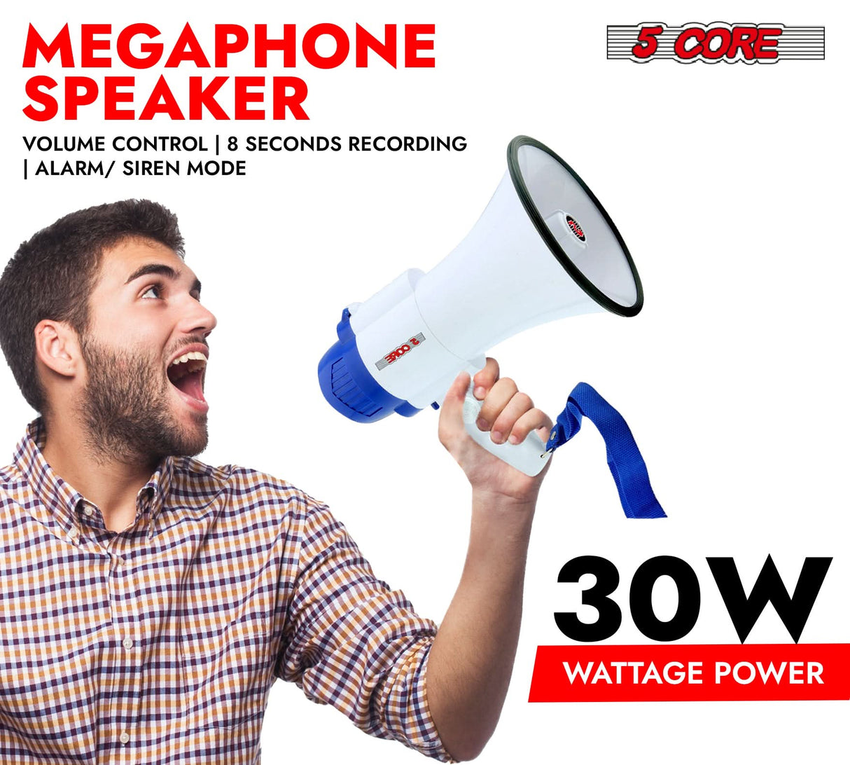5 Core Megaphone 30W Bull Horn PA Speaker w 800 Yards Range Loud Siren Voice Amplifier Portable
