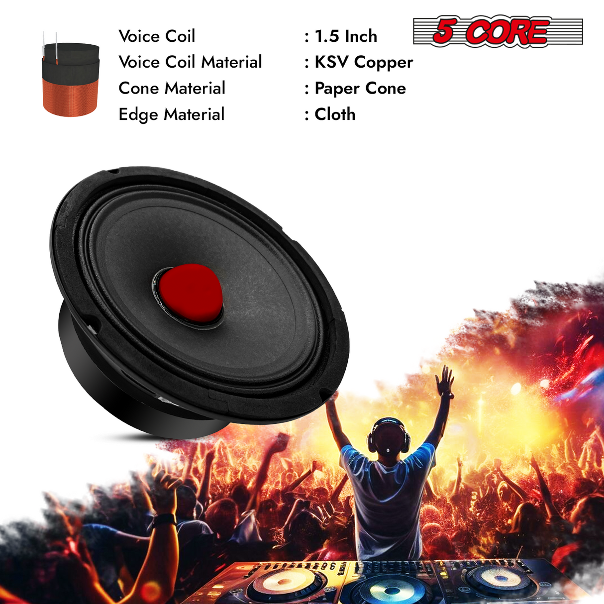 5Core 6.5 Inch Midrange Speaker + Tweeter Combo  500W PMPO 8Ohm Subwoofer 300W PMPO Tweeters