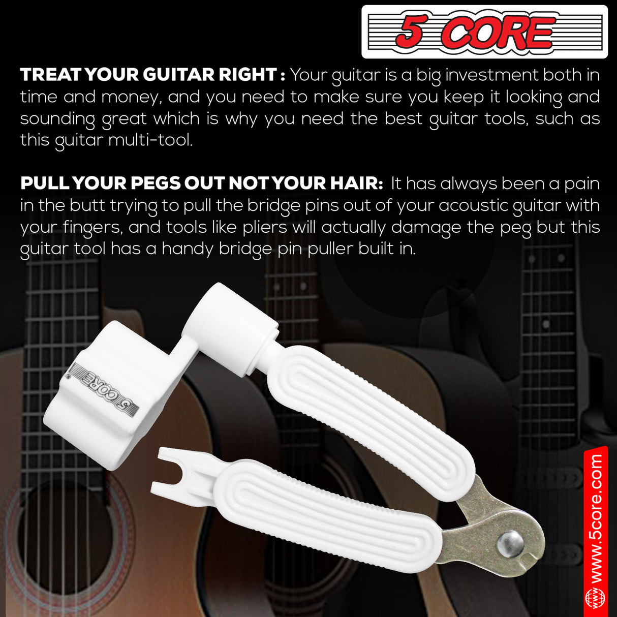 5Core Guitar String Winder Cutter Bridge Pin Remover 3In1 Acoustic Electric Guitars Tool