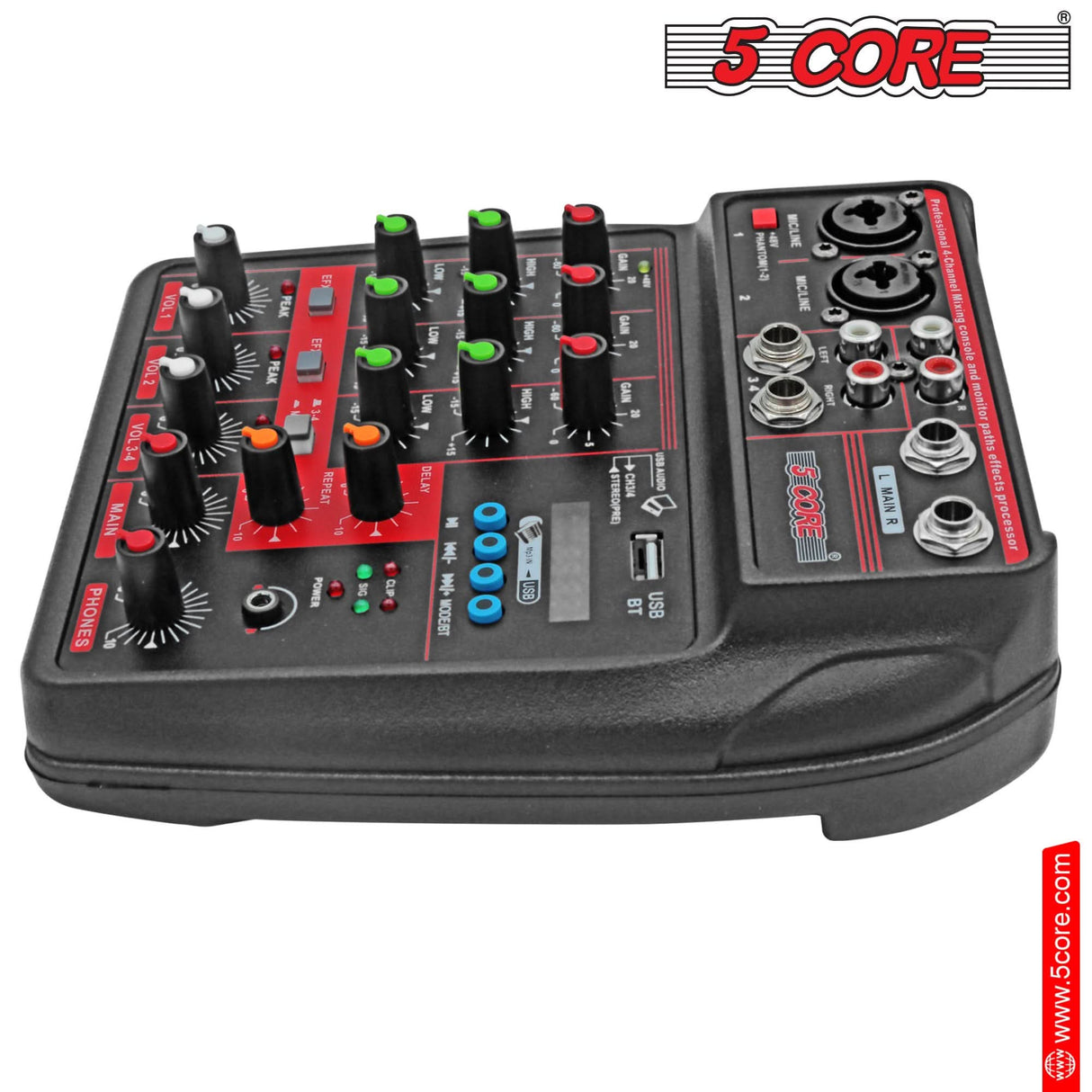 5Core Audio Mixer 4 Channel DJ Soundboard USB Interface Bluetooth Mixing Console w Repeat Delay +48V