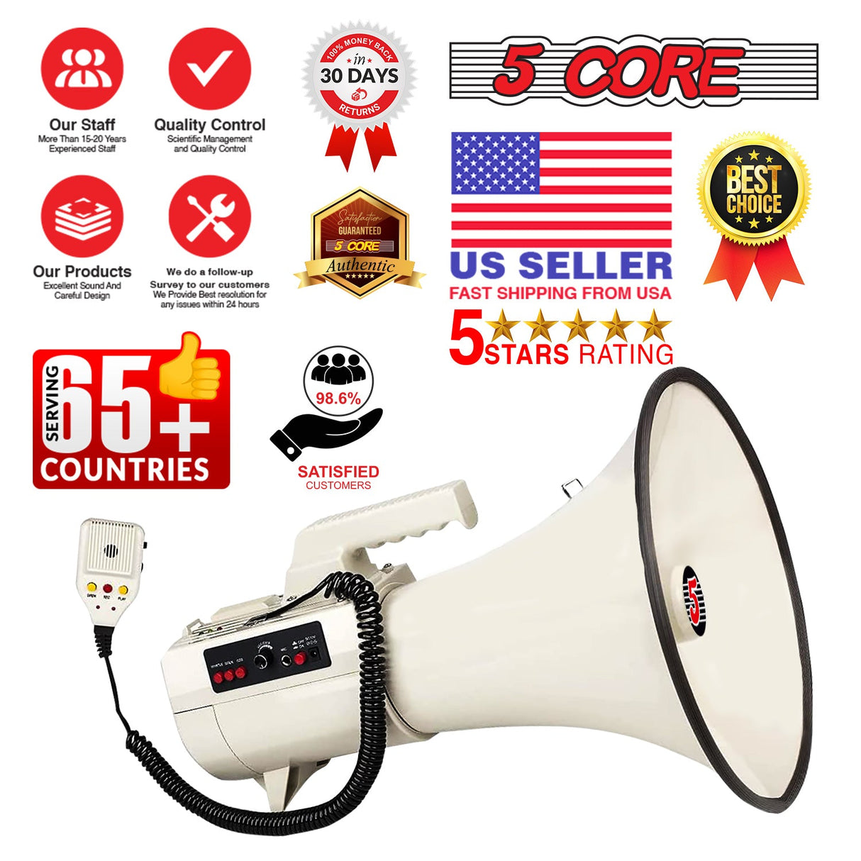 5Core Megaphone Bullhorn Speaker 100W Professional Bull Horn Battery Power Megafono 2000Yard Range 4501