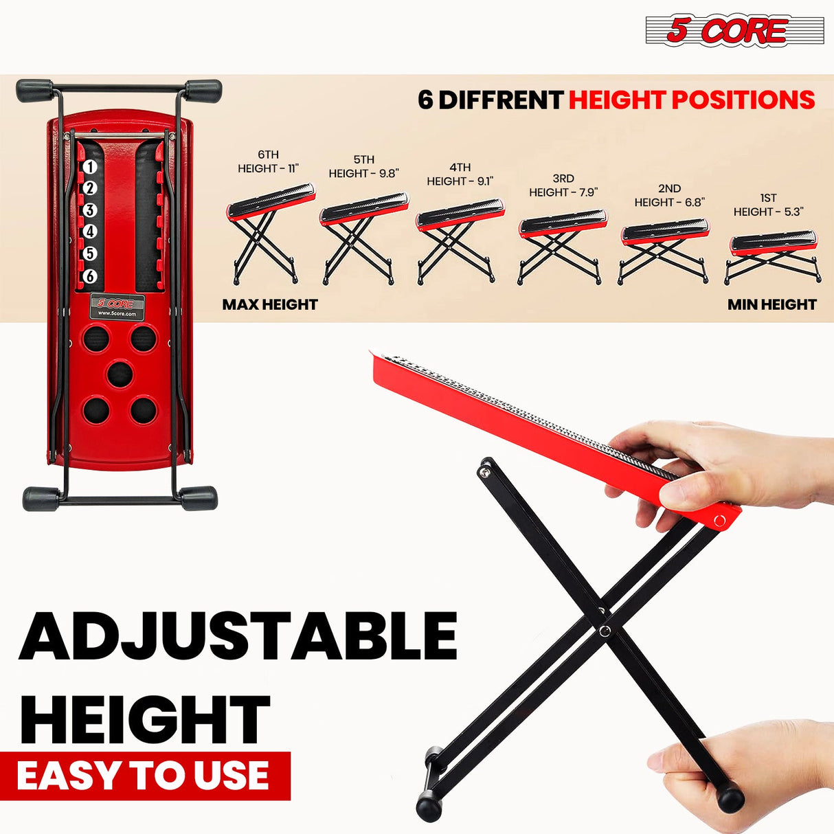 5Core Guitar Foot Stool Height Adjustable Folding Leg Rest Classical Footrest