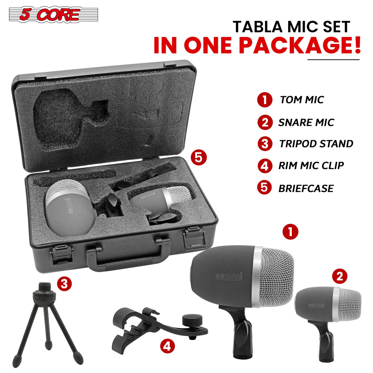5 Core Tabla Mic XLR Wired Uni Directional Snare Tom Instrument Microphone BLACK