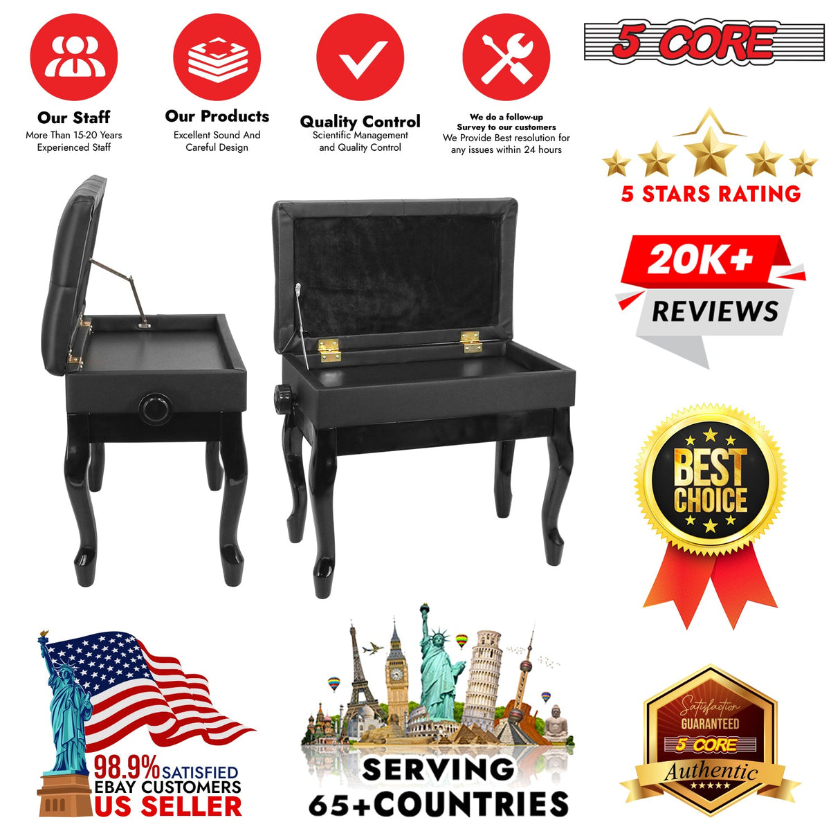 5 Core Piano Bench Wooden Height Adjustable Stool Heavy Duty Keyboard Seat with Storage BLACK