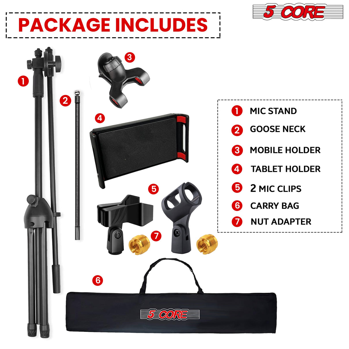 5 Core Tripod Mic Stand w Phone Holder Height Adjustable Microphone Mount Stands
