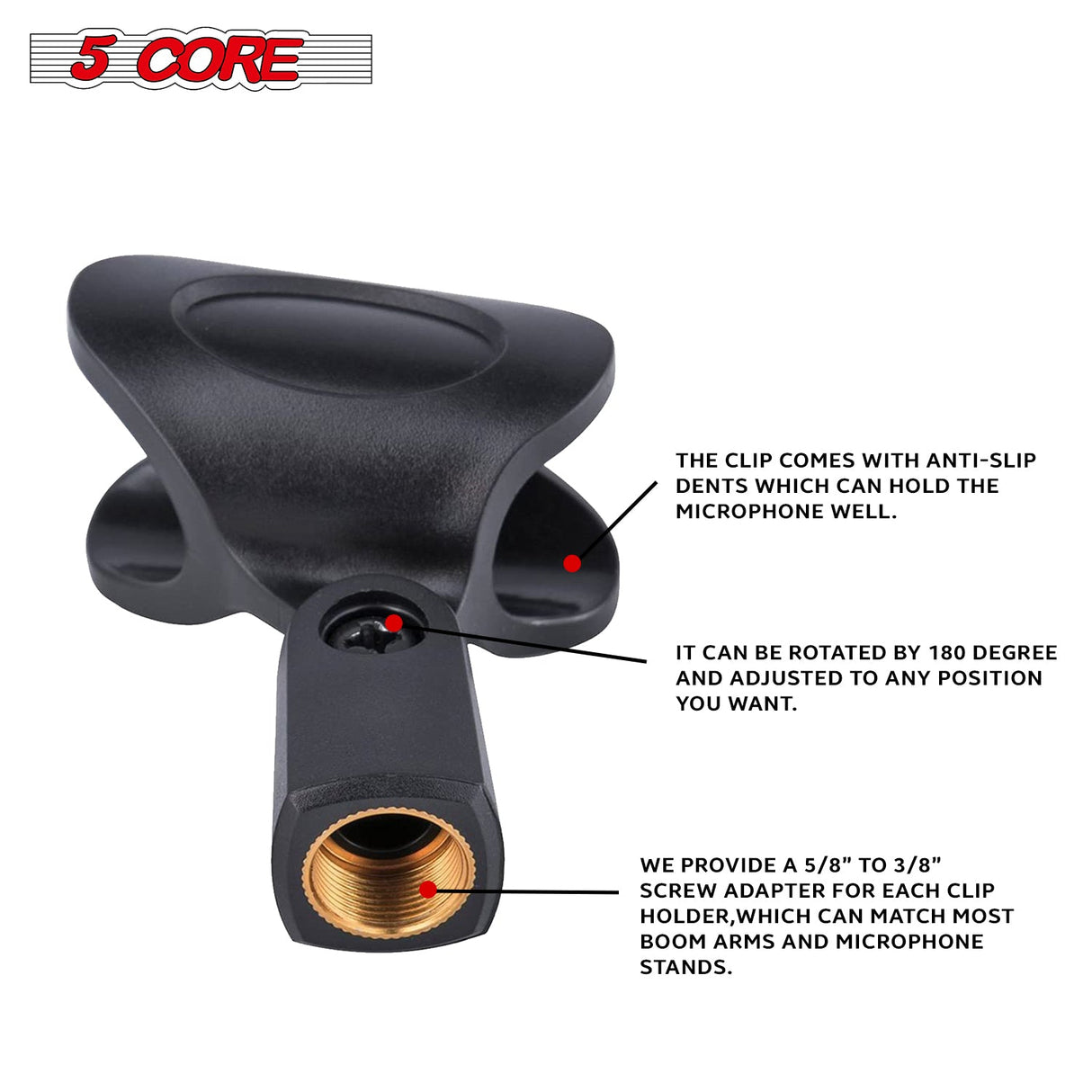 5 Core Microphone Clip Holder 2 Pieces with Screw Adapters 5/8 to 3/8 Inch