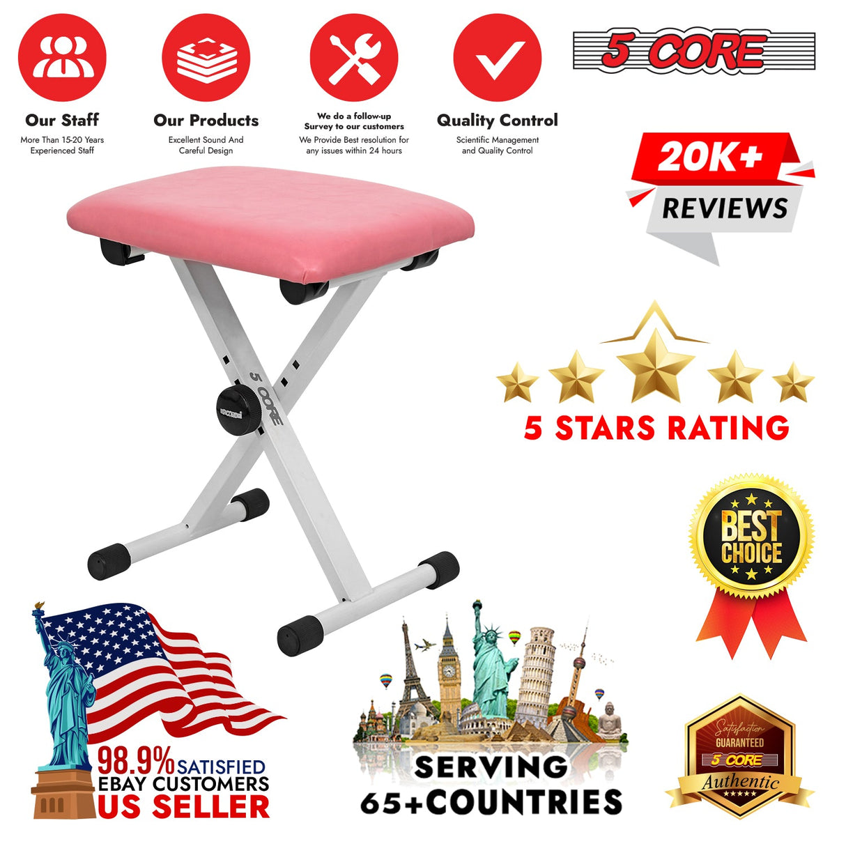 5 Core Keyboard Bench X Style Piano Stool Padded Adjustable Keyboards Chair
